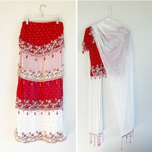 Bright Red White Wedding Lehenga Dress Set Heavy Rhinestone Beaded Indian Outfit